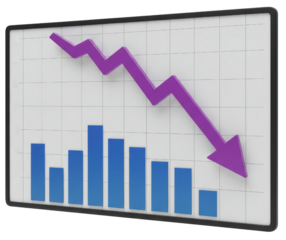 Decreasing financial chart with blue bars and purple trend line on transparent background  