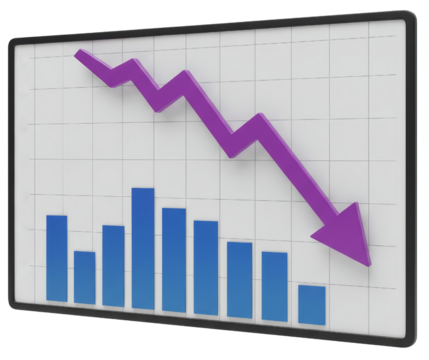 Decreasing financial chart with blue bars and purple trend line on transparent background  