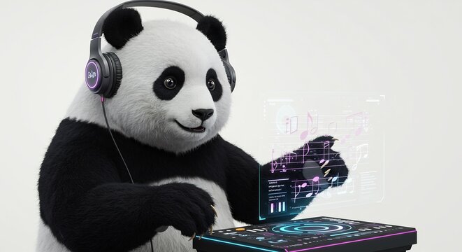 Panda joyeux mixe musique digitale lumiere douce. AI Generated