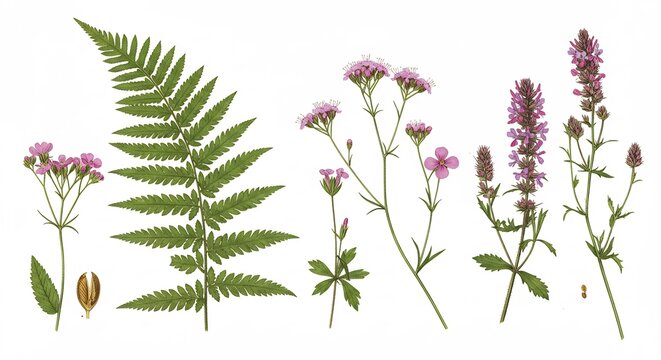 Herbes presses d&eacute;licates lumi&egrave;re douce fond blanc botanique. AI Generated