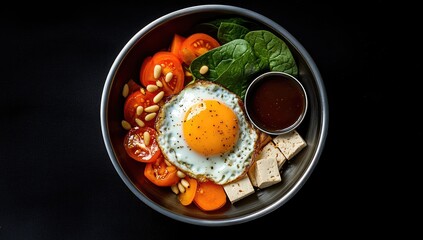 Healthy bowl with fried egg, vegetables, and tofu