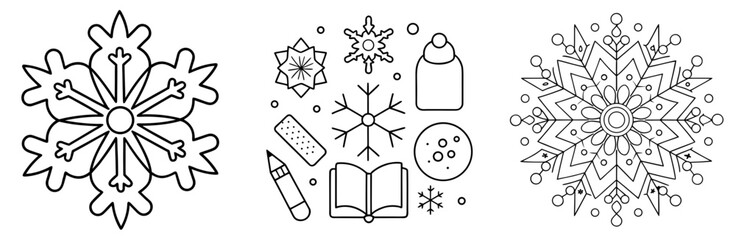 Obraz premium Snowflakes Items Coloring Page – Winter Element Line Art for Kids and Adults