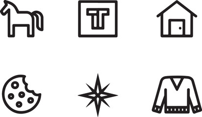 Collection of Simple Black and White Outlined Illustrations Featuring a Horse, Letter T, House, Cookie, Star and Sweater