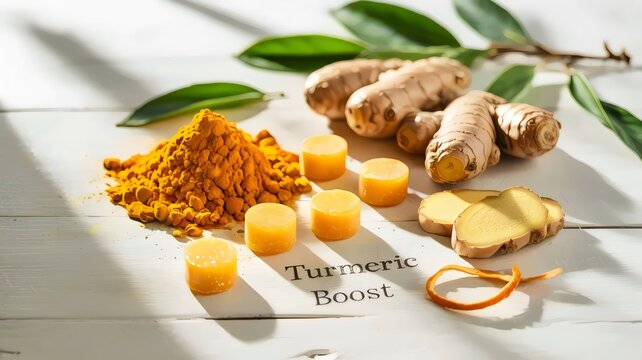 Flat lay of turmeric gummies with powder, ginger, and dried citrus – Suitable for herbal remedy visuals, wellness supplement promotions, or organic lifestyle content. - Powered by Adobe