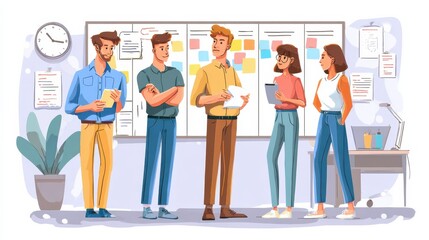 Obraz premium Agile team. Business people planning and working with Scrum or Kanban board. Team working on time management strategy and agility in office. Agile teamwork concept, no logos, no brands