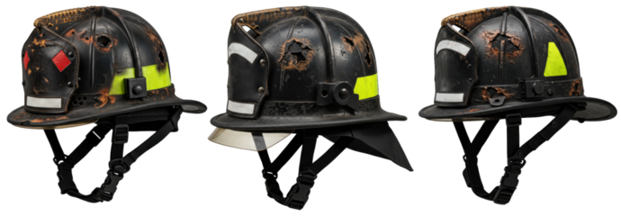 Three different firefighter helmets displayed on transparent background  