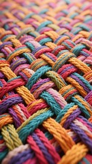 Close-up of a Colorful Woven Fabric with Interlaced Threads