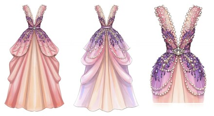 Fashion design sketches of evening gowns