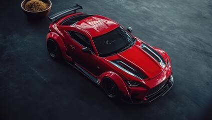 High-angle view of a vibrant red, customized sports car on a dark gray surface. A small, dark brown bowl sits slightly out of focus in the background