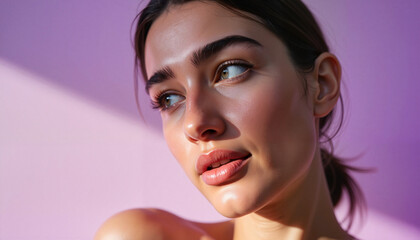 Young woman with natural makeup looking thoughtfully against pink background  