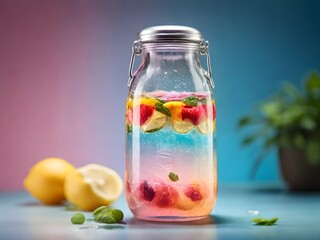 Transparent Citrus Bottle with Condensation on Bright Pastel Background