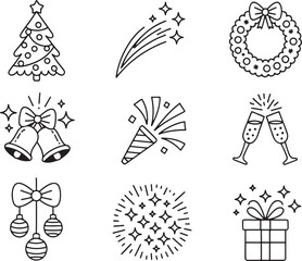 Festive Holiday Icons Celebrating Christmas and New Year Season with Traditional Symbols in Simple Black and White Outline
