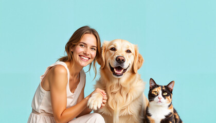 Young woman smiling while sitting with golden retriever and cat  