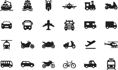 Transportation and Vehicle Silhouette Icons – Plane, Bus, Bike, Car, Ship, Airplane, Transit, Travel, Solid Icon, Vehicle Icon, Delivery, Traffic, Silhouette, Transport, Public

