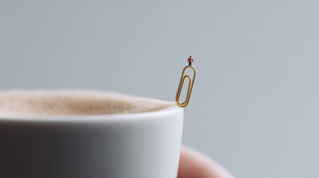 Conceptual macro shot. Tiny figure stands atop a gold clip, perched on a coffee cup. Illustrates scale, perspective, challenge. Business, ambition, creativity.
