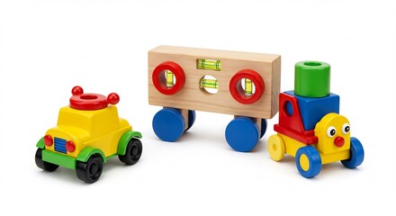 Buntes Holzspielzeug rollt fröhlich sanftes Licht betont Details. AI Generated