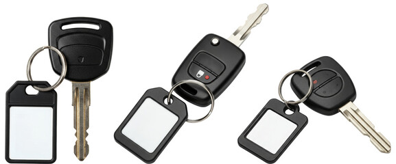 Car keys on a transparent background with blank key tags  