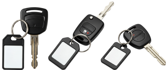 Car keys on a transparent background with blank key tags  