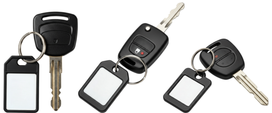 Car keys on a transparent background with blank key tags  