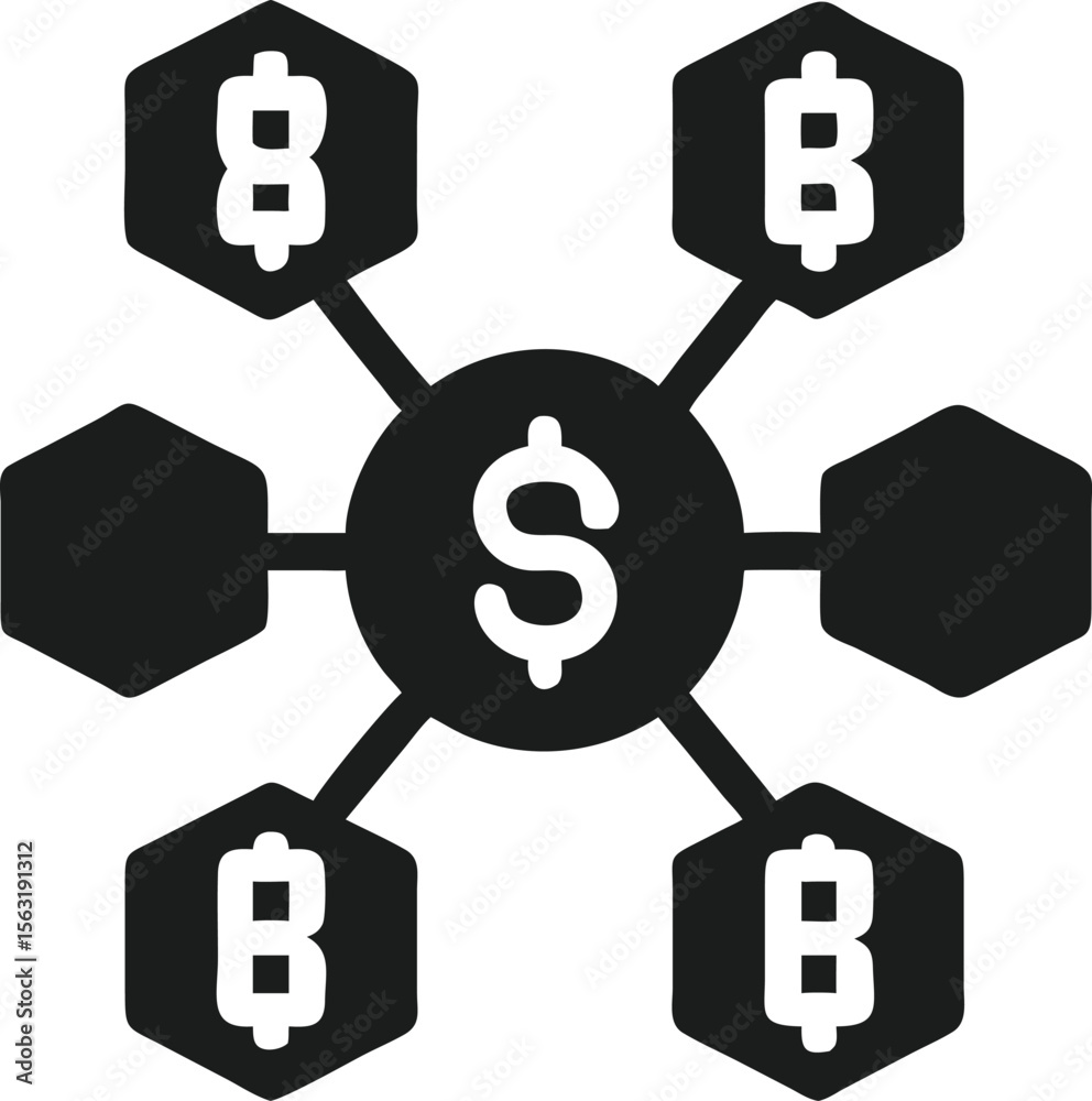 Poster interconnected block chain or coin shapes representing finance and network