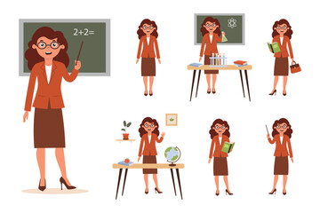 Set of teacher characters engaging students in lessons demonstrating different activities in the classroom. Set for animation. Vector illustration in flat style on white background.
