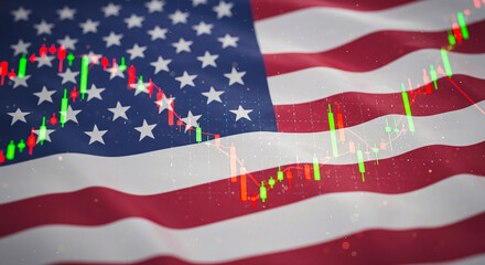 American flag waving with stock market candlestick chart overlayed on top of the image view here now