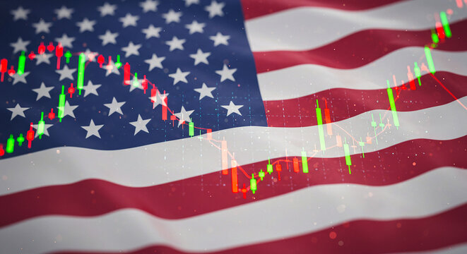 American flag waving with stock market candlestick chart overlayed on top of the image view here now