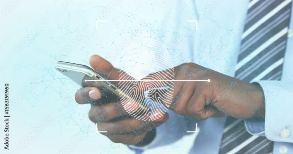 Poster man gripping smartphone initiating fingerprint authentication with scan line overlay for tech demo