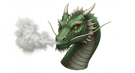 Grüner Drachenkopf raucht sanft mystische Nebel. AI Generated