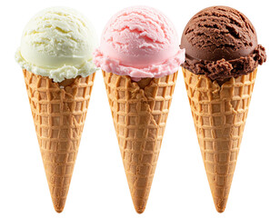 Ice cream scoop on waffle cone on transparent background.