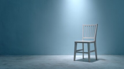 Lonely wooden chair basking in ethereal spotlight, evoking solitude, transcendental meditation, zen minimalism akin to Obon reflections