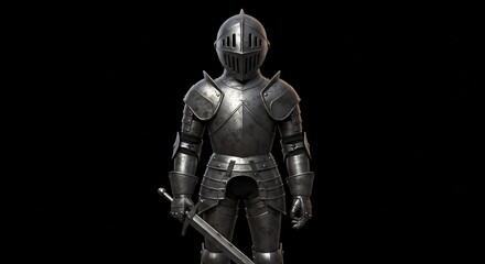 Dunkler Ritter steht stark stahlglänzend schweres Schwert dramatisch beleuchtet. AI Generated