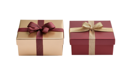 Two gold and red gift boxes with ribbon isolated on white background