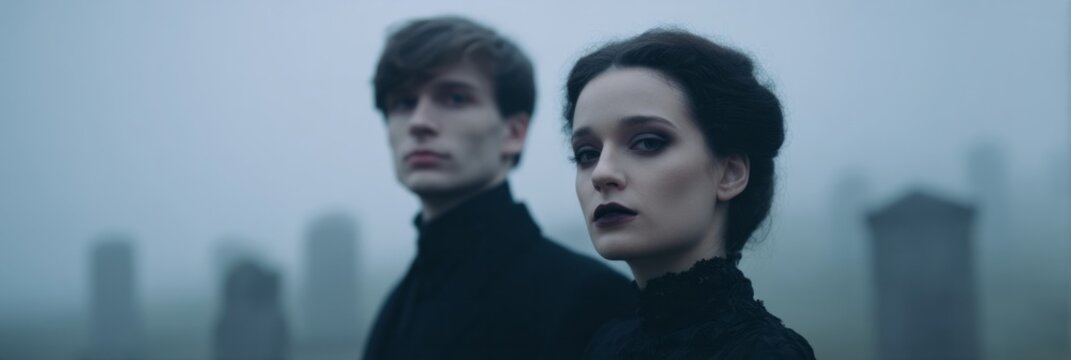 Apocalyptic mist embraces Gothic couple in dark attire, evoking Samhain's embrace, cryptic allure, spiritual awakening unearthed