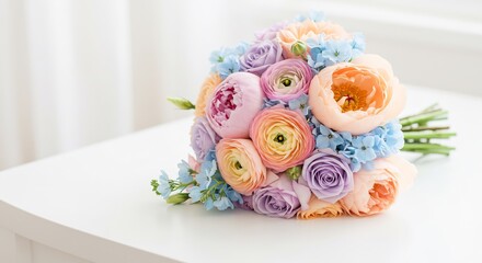 Pastellfarbener Blumenstrauss liegt zart auf weissem Tisch Sanftes Licht betont zarte Farben. AI Generated