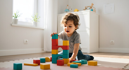 little baby playing with blocks