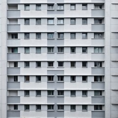 Residential building facade with geometric design. Grey and white color scheme creates modern apartment building exterior. Many windows, details, urban architecture, symmetry, day time photo.