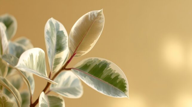 Variegated ficus leaves bask in golden sun, evoking Zen gardening and the tranquil spirit of Arbor Day harmony - Powered by Adobe