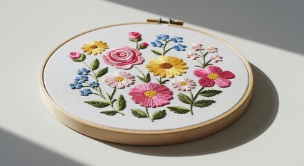 Fröhliche Blumen Stickerei leuchtet hell sonnig. AI Generated