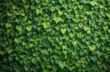 Full frame shot of vibrant green ivy wall. Foliage creates textured background. Natural, organic, eco friendly decor. Close-up shot of climbing plant leaves. Perfect for design, eco products,