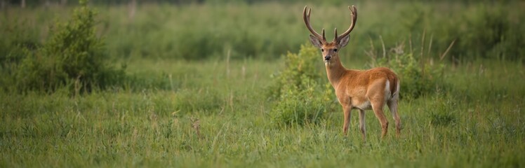 Roe deer buck stands in summer meadow, looking towards camera. Male deer animal in green vivid vegetation. Wild mammal with antlers observes in wild nature.