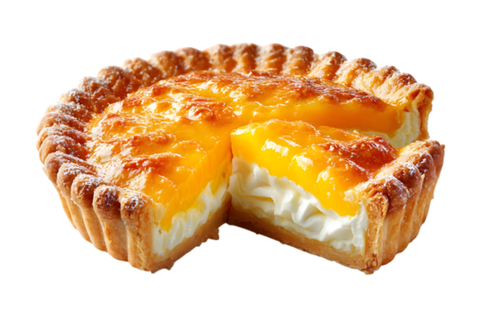 a lemon cream pie/tart with a slice with Whipped Topping, isolated on Transparent Background. ideal for use in menu design, recipe cards, or food packaging mockups.