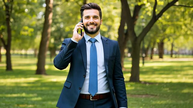 Caucasian man talking on smartphone, smiling in sunny park. Businessman walking outdoors, making call, connecting with client. Footage.