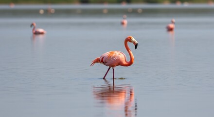 Rosa Flamingos waten ruhig im flachen Wasser Sonnenlicht spiegelt sich elegant. AI Generated
