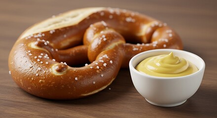 Warme goldene Beleuchtung zeigt knusprige Brezel mit Senf. AI Generated