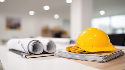 Safety training workplace knowledge concept. Construction materials and safety gear on a work desk, featuring a yellow hard hat and blueprints.