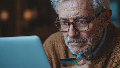 Elderly man looks at credit card using laptop. Senior citizen struggles online. Cybercrime, financial fraud, phishing. Vulnerable senior identity theft risk. Fintech, security, safety in digital age.