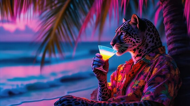 Leopard wearing Hawaiian shirt holding drink, enjoying vivid neon sunset on beach, exotic tropical holiday adventure footage.