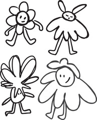 Cute hand-drawn flower characters in doodle style with playful expressions and unique shapes