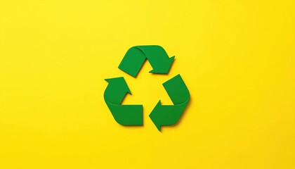 Green recycling symbol against bright yellow background. Eco friendly design. Sustainable resources concept, waste management, environmental protection. Circular economy, reduce reuse recycle. Modern